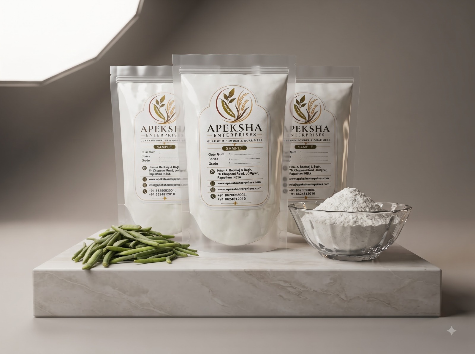 Apeksha guar gum powder packaging with raw guar beans